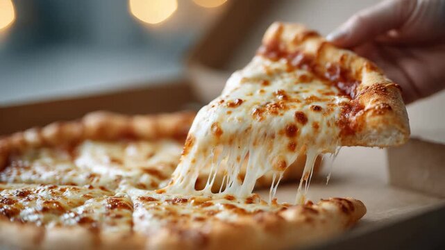 Deliciously cheesy pizza slice being pulled with melting cheese stretch