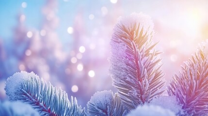 Snowy pine branches bathed in winter sun