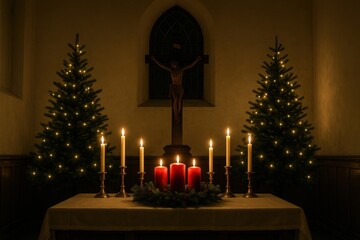 Japanese Church Altar Illuminated with Christmas Candles Creating a Sacred and Peaceful Holiday Atmosphere Filled with Warm Light