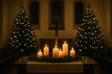 Japanese Church Altar Illuminated with Christmas Candles Creating a Sacred and Peaceful Holiday Atmosphere Filled with Warm Light
