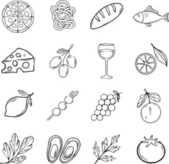 Italian Cuisine Line Art Doodle Icons in Black and White