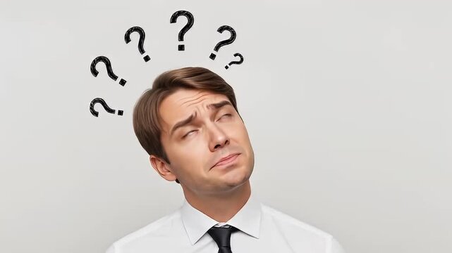 Confused man with question marks drawn over his head	