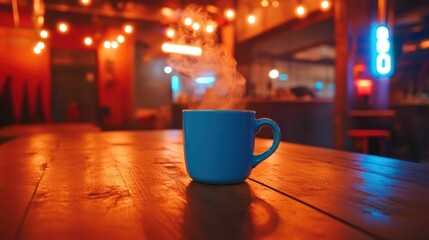 Cozy cafe scene with steaming mug
