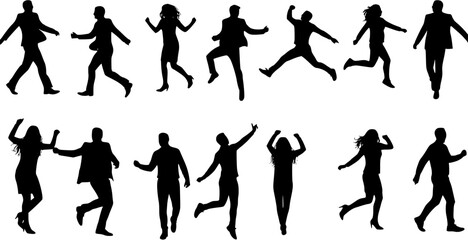 Dynamic Silhouettes of People: Men and Women Jumping, Running, Walking, and Dancing, Depicting Activity, Celebration, and Energetic Movement