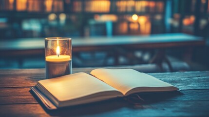 Cozy candlelight, open book on wooden table, library setting