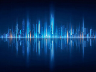 Fototapeta premium Futuristic city skyline illuminated in vibrant blue and orange lights with stunning vertical light streaks reflected on calm water surface at night