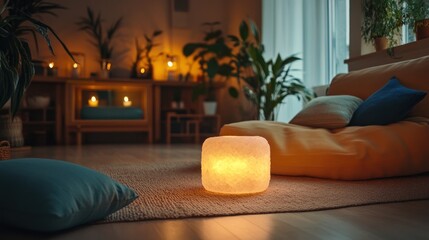 Cozy living room with warm lighting and plants