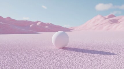 A single, pristine white sphere rests on a textured, light pink landscape, beneath a pastel sky with soft mountains