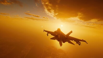Fighter jet soaring through golden sunset
