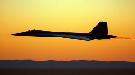 Stealth jet soaring at sunset