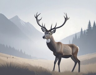 Majestic deer in a misty mountain landscape