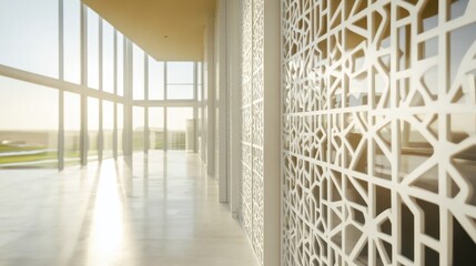 Modern, bright interior with sunlit, open space and decorative wall panels