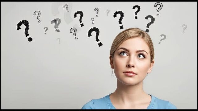 Young woman looking up surrounded by black question marks	