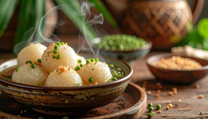 Vietnamese Che Troi Nuoc filled with mung bean in sweet ginger syrup