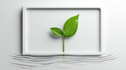Simple, minimalist image of a small plant inside a white frame, reflecting on water