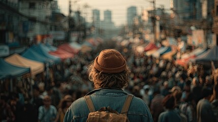 A solitary man observing the lively city market from afar – capturing a quiet moment of reflection amid the vibrant rhythm of urban life and human interaction