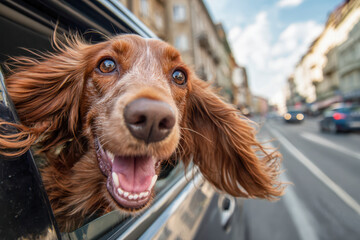 A joyful brown dog with flowing ears sticking its head out of a moving car window on a bustling city street during a sunny day