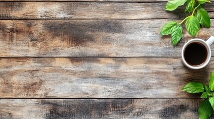 Wooden table top with coffee cup and leaves