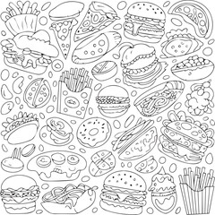 Cartoon Junk Food Seamless Background Line Art Style