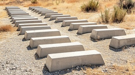 Rows of concrete benches in a dry, grassy field