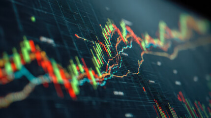 Vibrant multicolored financial data chart showing fluctuating stock market trends with dynamic lines and candlesticks on a dark digital screen background