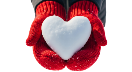 Hands wearing red knitted mittens holding a heartshaped snowball, isolated on transparent background