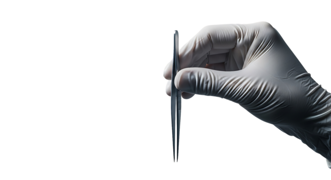 Hand in a grey glove holding surgical tweezers isolated on transparent background