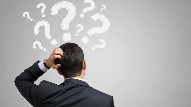 Businessman from back scratching head with chalk queries	