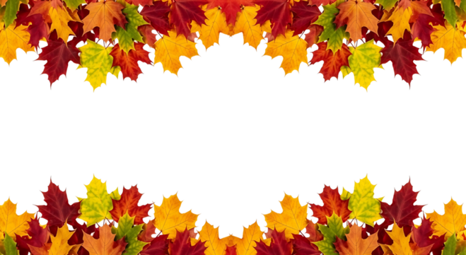 Decorative border of colorful autumn maple leaves arranged at the top and bottom isolated on transparent background