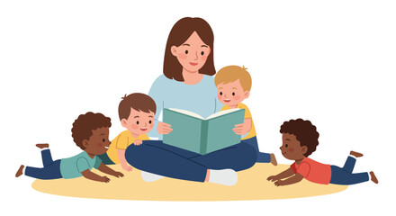 Teacher Reading to Children Illustration Diverse Group Story Time.