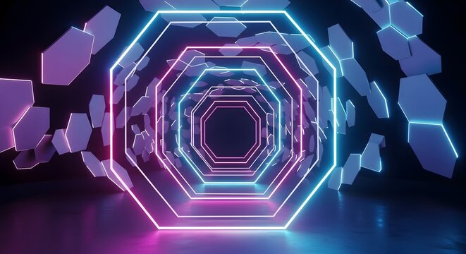 Infinite tunnel of glowing octagons in neon blue and pink, abstract futuristic portal - Powered by Adobe