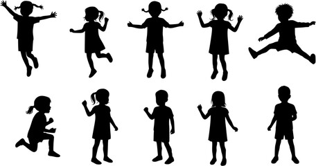 Diverse Silhouettes of Children Playing and Jumping: A Collection of Active Kids in Motion