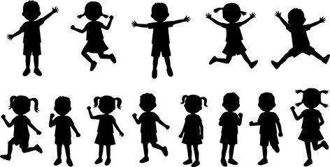 Silhouette of Children Playing, Jumping, and Running, Isolated on White Background