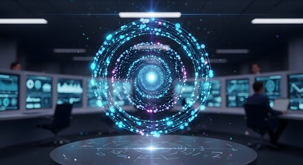 Futuristic control room with glowing blue sphere data visualization on a central table