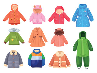 Children winter coats. Kids warm clothes, fashion coat modern jacket girl boy outerwear outfit cold autumn season wardrobe baby child garment for snow walk neat vector illustration