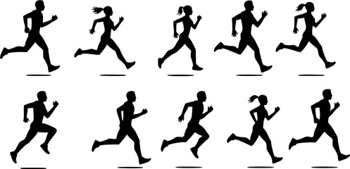 Dynamic Set of Running People Silhouettes: Male and Female Runners in Various Stride Poses, Depicting Movement, Fitness, and Active Lifestyles