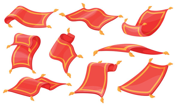 Cartoon magic carpet. Flying rug, arabic red carpets aladdin arabian fairytale fantasy sorcery mat rugs plane oriental vintage game animation poses set neat vector illustration
