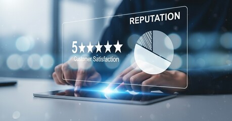 Customer Satisfaction Survey Concept with 5-Star Rating and Reputation Score for Service Quality and User Ratings