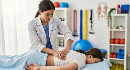 Professional physical therapist performing massage therapy on a patient's lower back