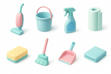 3D Isometric Icon Set of House Cleaning Supplies in Pastel Colors with Soft Lighting