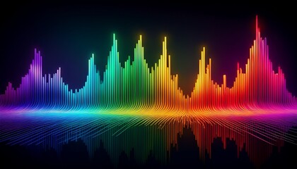rainbow colored audio spectrum analyzer with vertical frequency bars creating classic sound waveform visualization