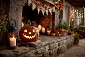 Obraz premium Cozy pumpkin nights: when fairy lights dance by the hearth. Glamour photo. A cheerful pumpkin illuminated by gentle fairy lights on a fireplace. Modern design. Editorial style.