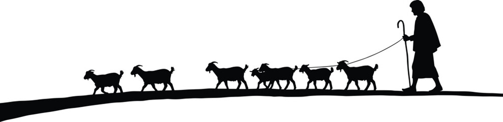 Goat herding silhouette illustration, traditional rural labor and pastoral lifestyle artwork for agriculture, culture, and environmental design