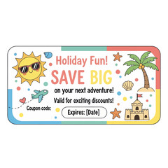 Holiday fun coupon with sun, palm tree, and sandcastle illustrations.