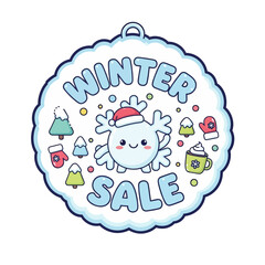 Cute winter sale tag with snowflake, trees, mittens, and hot drink.