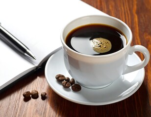 Coffee, notebook, and pen