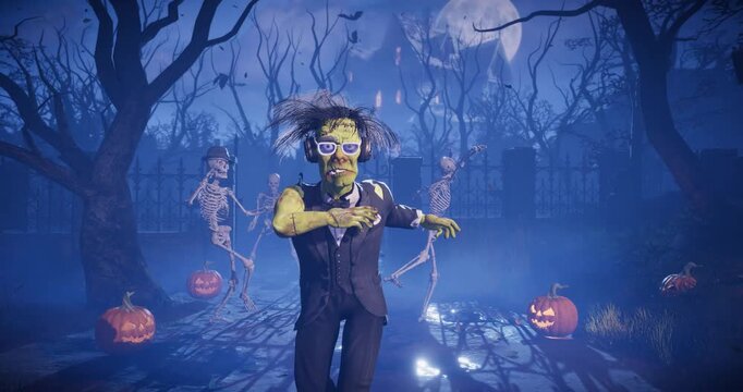 Halloween party. Dancing Frankenstein monster in a spooky graveyard with skeletons and pumpkins. 3D animation for greeting cards, invitations, posters, holiday events, parties