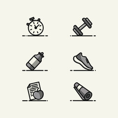 Fitness and Health Icon Set – Vector Pack (6 Icons) - Clean and simple vector icon set including dumbbell, bottle, shoe, mat, stopwatch, & diet. Perfect for apps, infographics, and health projects.