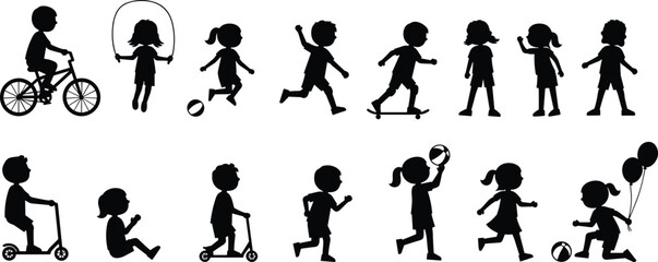 Children silhouettes collection, kids playing outdoors with bikes scooters balls balloons, active lifestyle activity illustration set, vector art