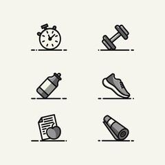 Fitness and Health Icon Set – Vector Pack (6 Icons) - Clean and simple vector icon set including dumbbell, bottle, shoe, mat, stopwatch, & diet. Perfect for apps, infographics, and health projects.